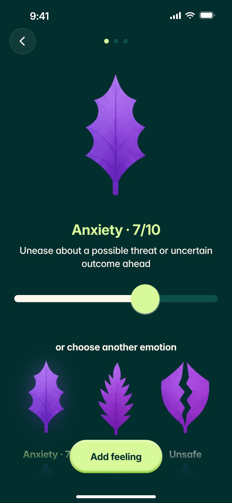 Leaflo on iPhone: Anxiety selected, intensity 7 of 10