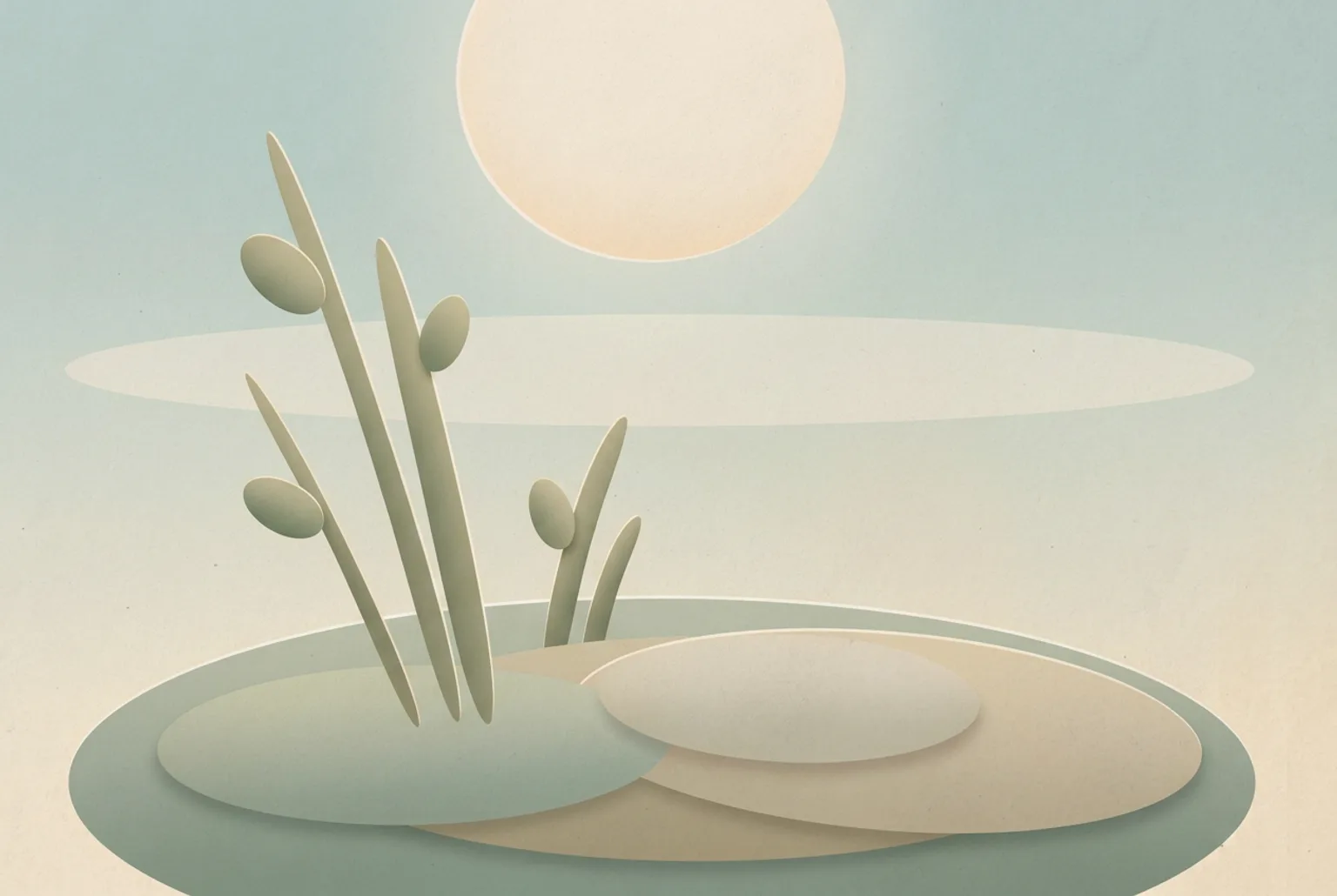 Abstract Leaflo illustration of an early-morning meadow built from soft oval shapes with a pale sun low in the sky