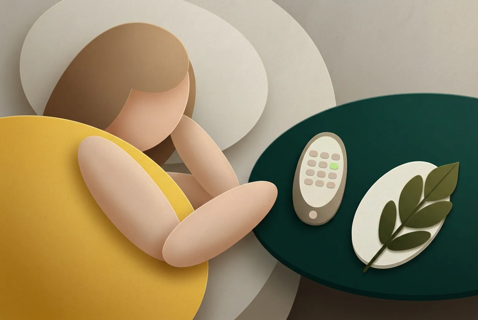 Phone held over a linen surface showing an emotion selection screen with soft rounded chips, one highlighted in pale green