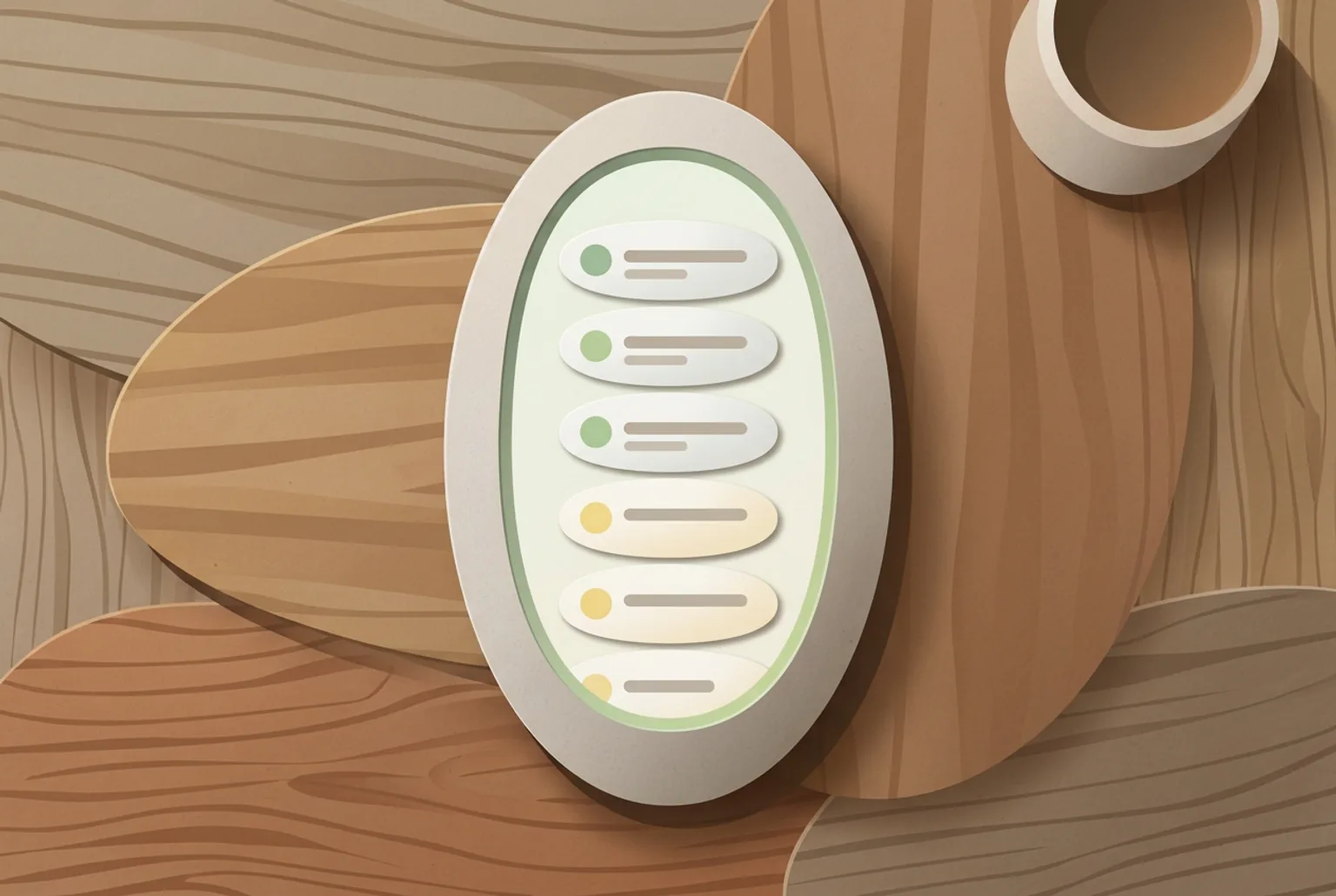 Phone lying on a wooden surface showing a history list of past check-in cards with dates and repeating coloured emotion dots