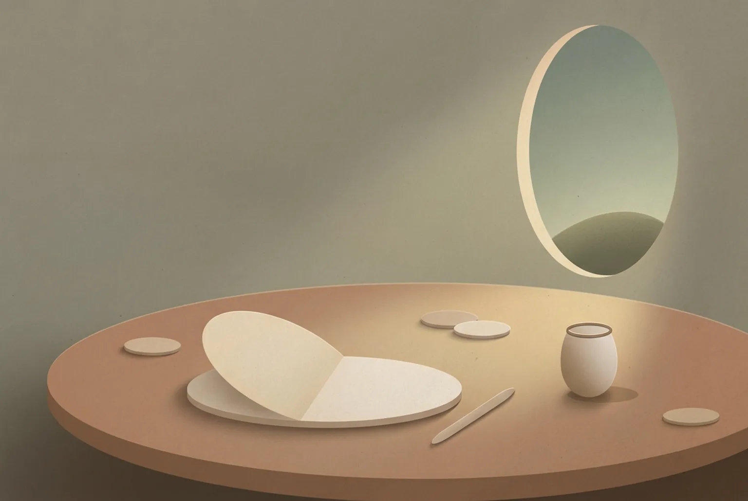 Abstract Leaflo illustration of a quiet desk at dusk built from soft oval shapes, with an open notebook, a pen and an oval window