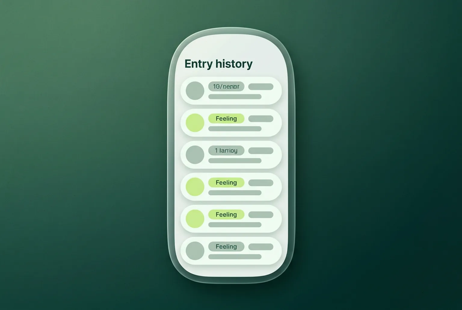 Leaflo entry history on a phone: six past entries in a list, each with a date, a feeling label and a one-line summary, with repeated feelings marked in light green