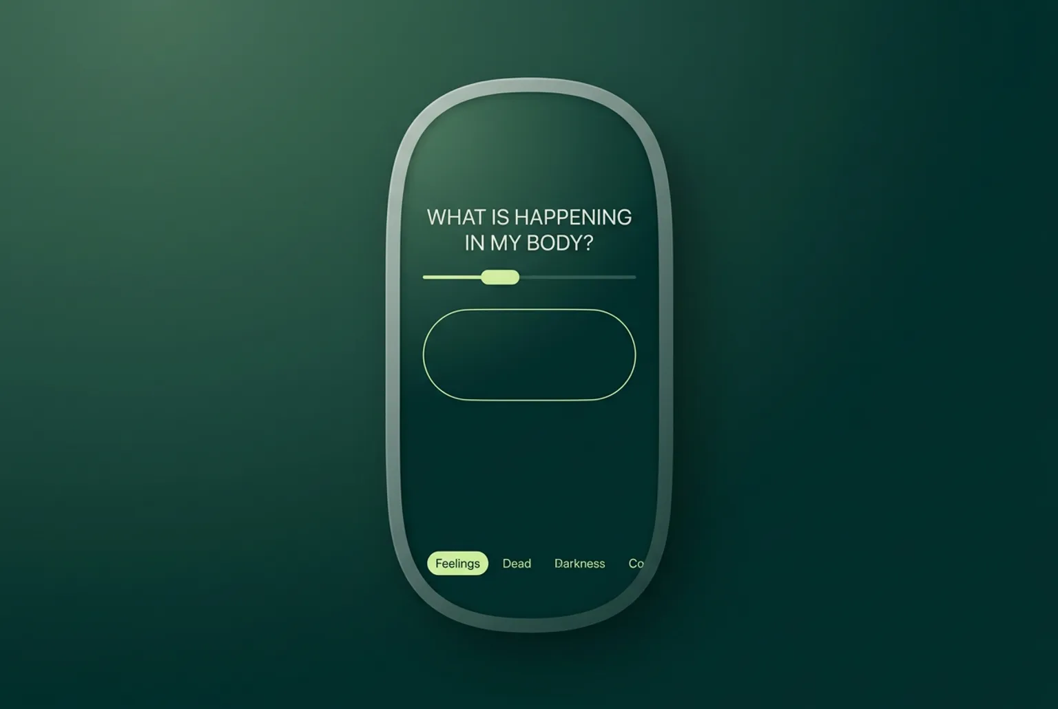 Leaflo on a phone showing one guided question, what is happening in my body, above an empty input, a short progress bar and a selected feeling chip