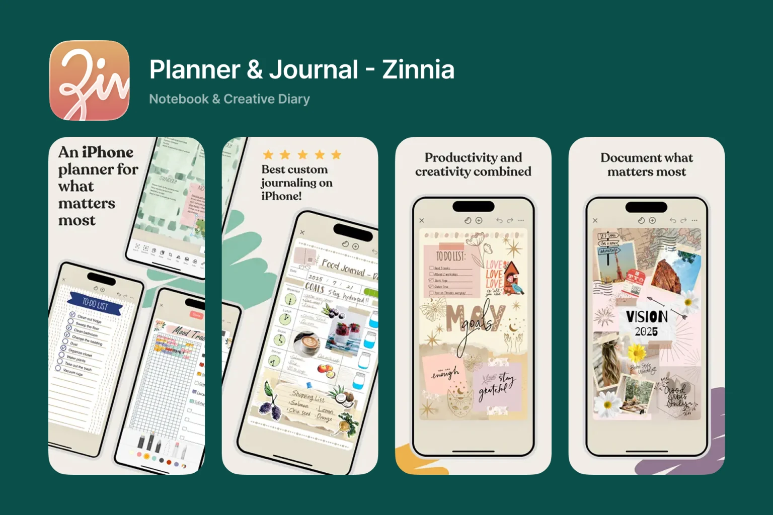 Zinnia creative journal app on iPhone