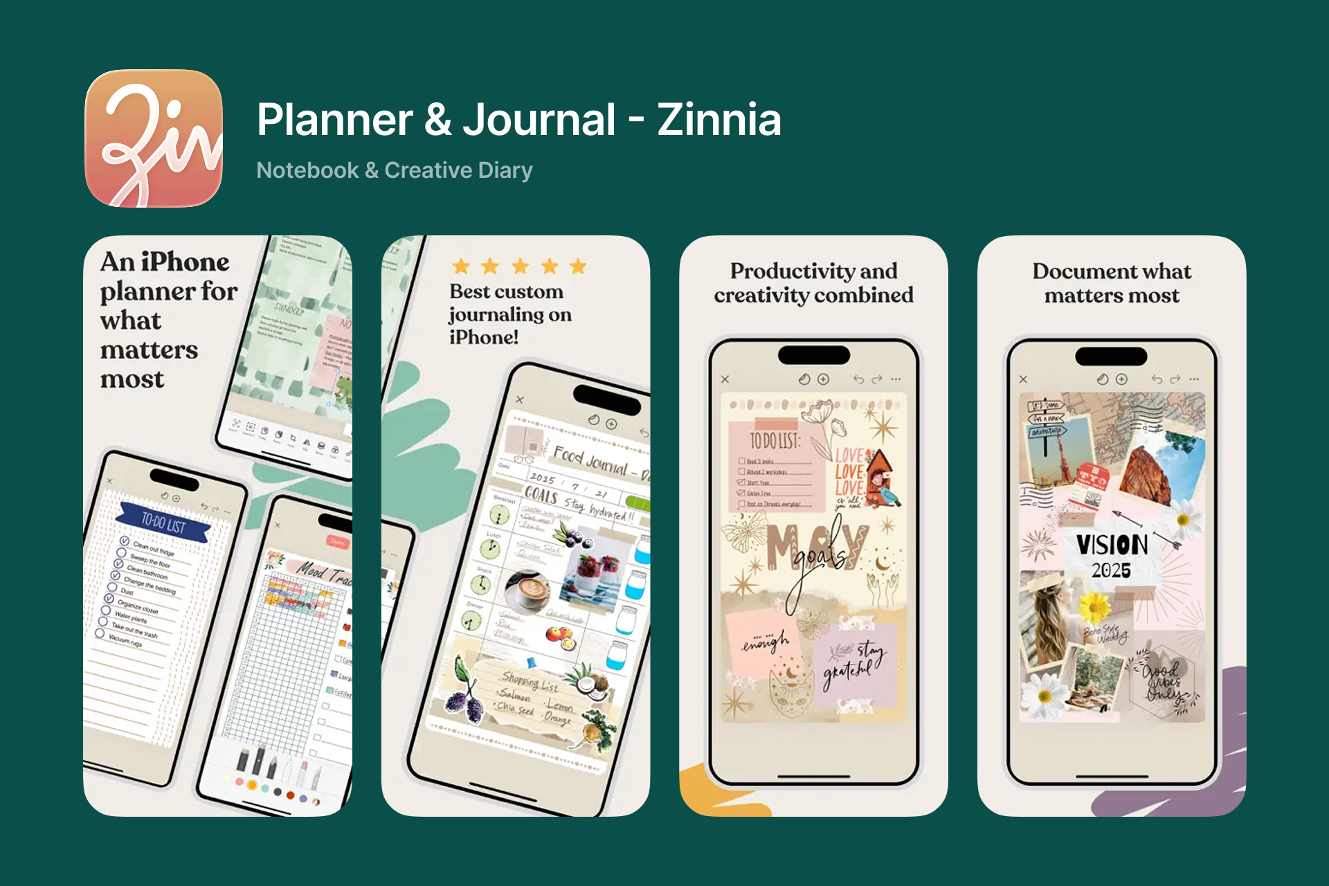 Zinnia creative journal app on iPhone