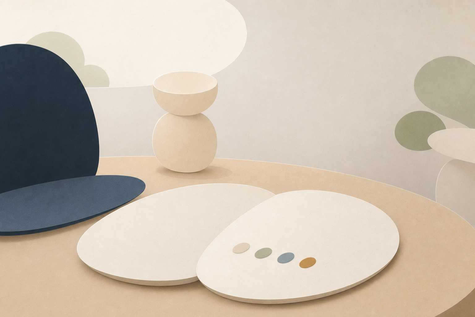 Abstract Leaflo illustration of an open oval journal with four small recurring marks beside a dark oval laptop