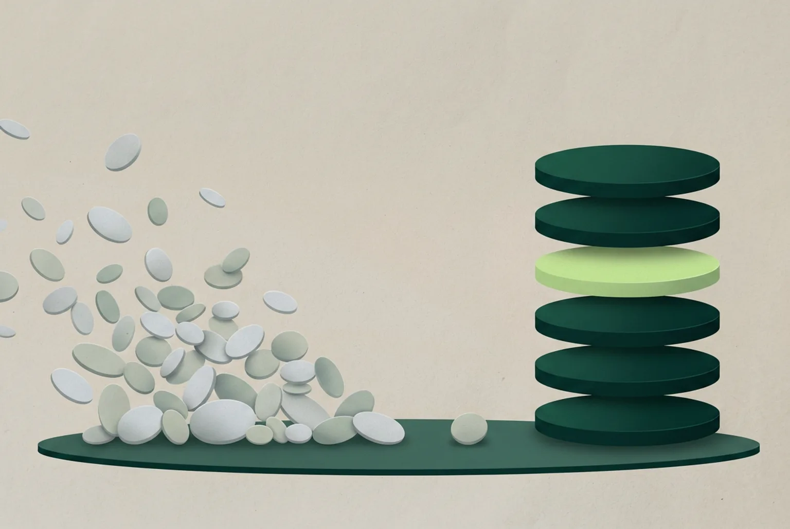 Leaflo illustration of a scattered drift of oval pebbles beside a finite stack of oval slabs