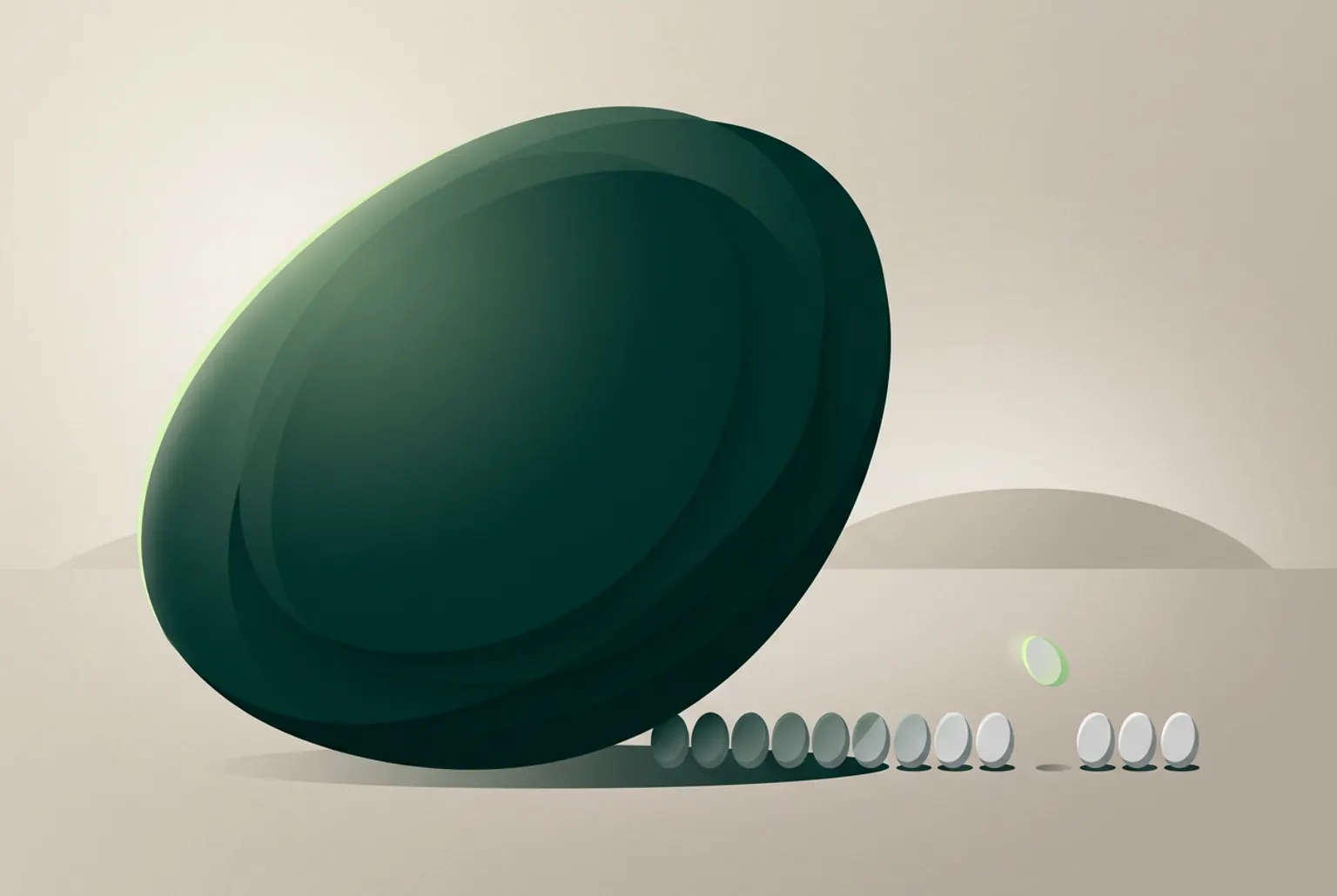Leaflo illustration of one large oval form beside a row of tiny counted discs