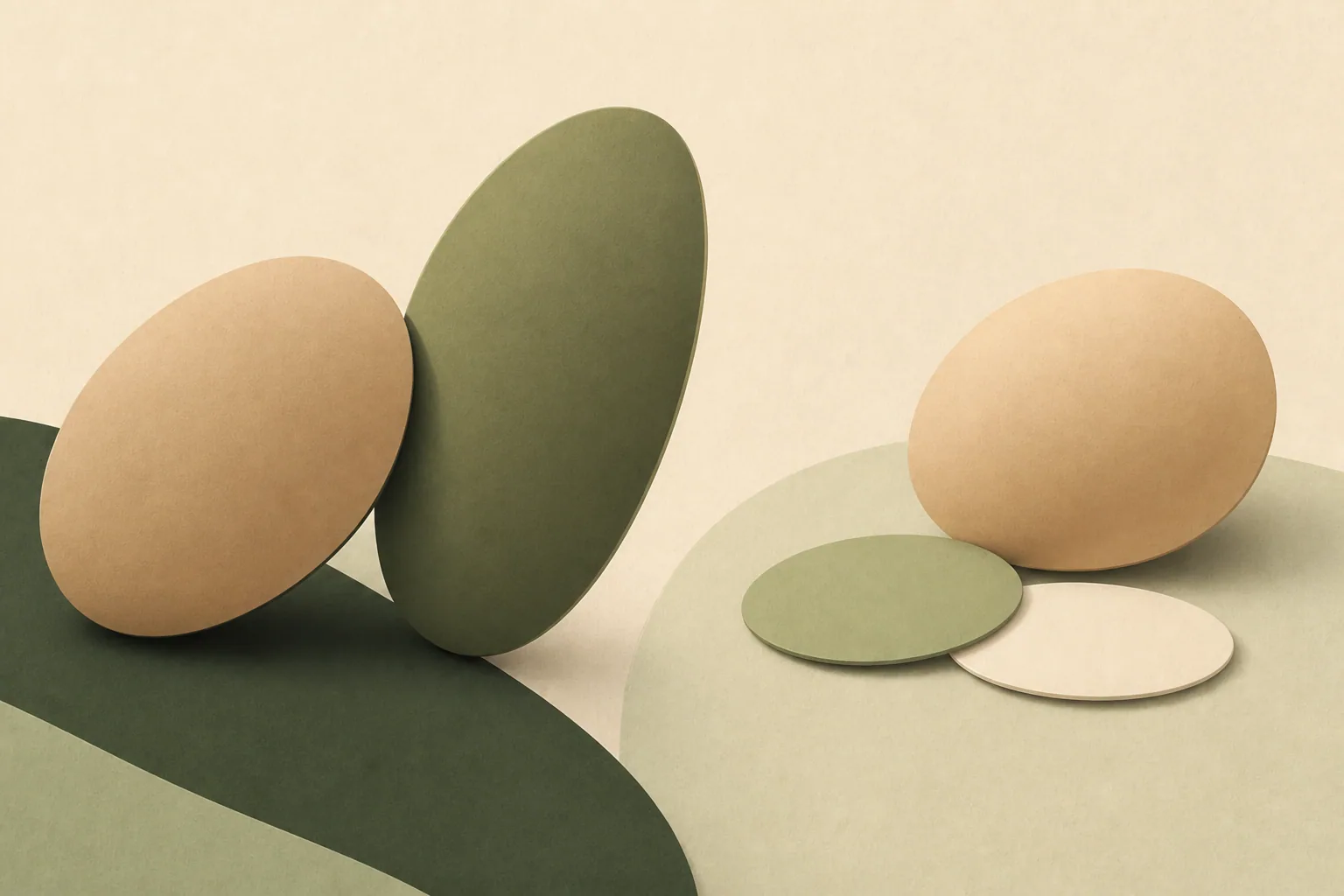 Two ovals in tension on one side, an oval resting calmly beside two open note-cards on the other