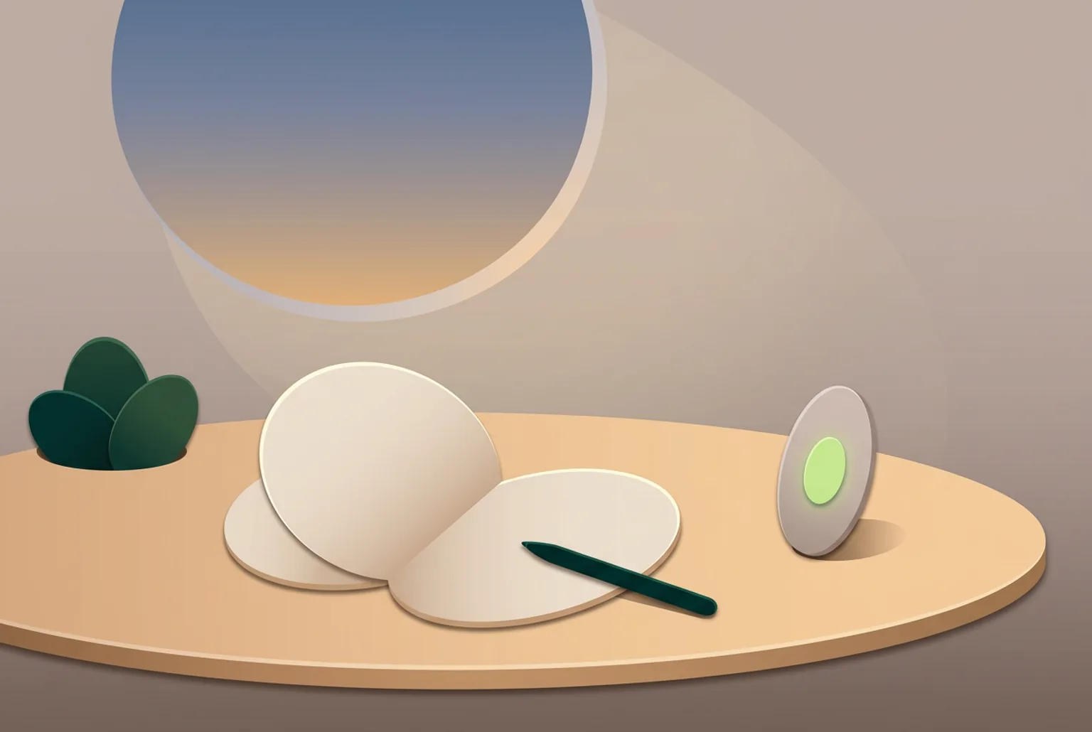 Abstract Leaflo illustration of a quiet evening desk with an open notebook, a pen and a softly glowing pebble