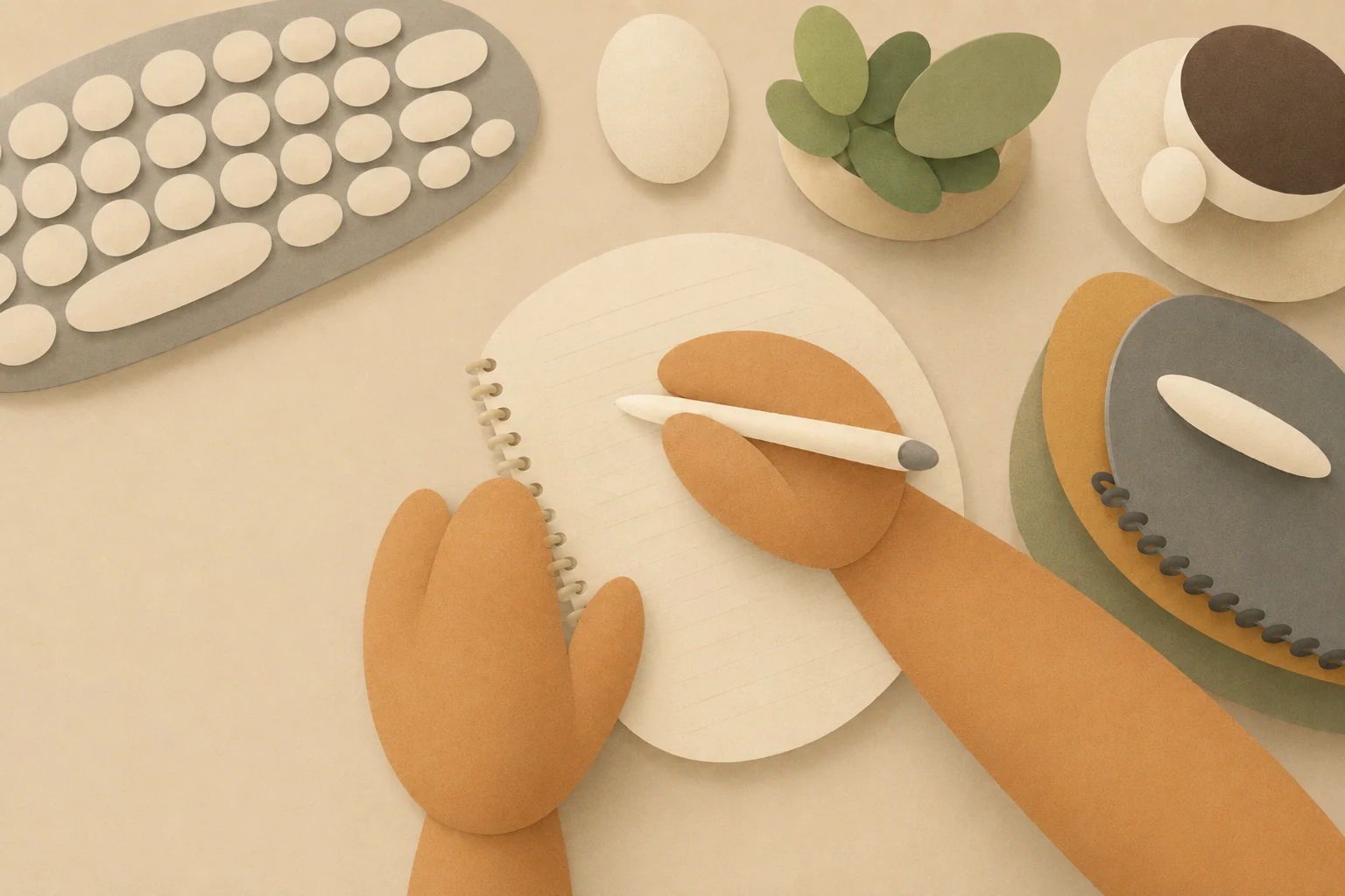 Paper-cut illustration of a person writing in a journal beside a keyboard, plant, and coffee