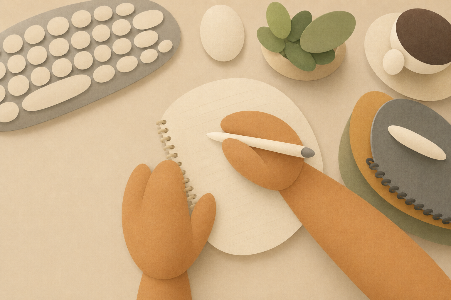 Paper-cut illustration of a person writing in a journal beside a keyboard, plant, and coffee