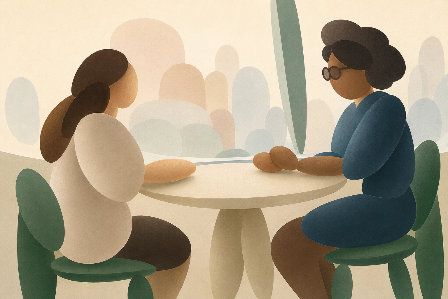 Soft illustration of two people sitting quietly at a round table