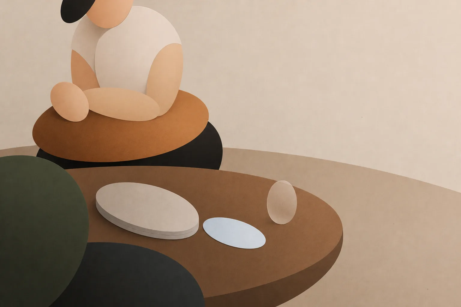 Abstract Leaflo illustration of a therapy conversation with a private journal and one selected page on an oval table