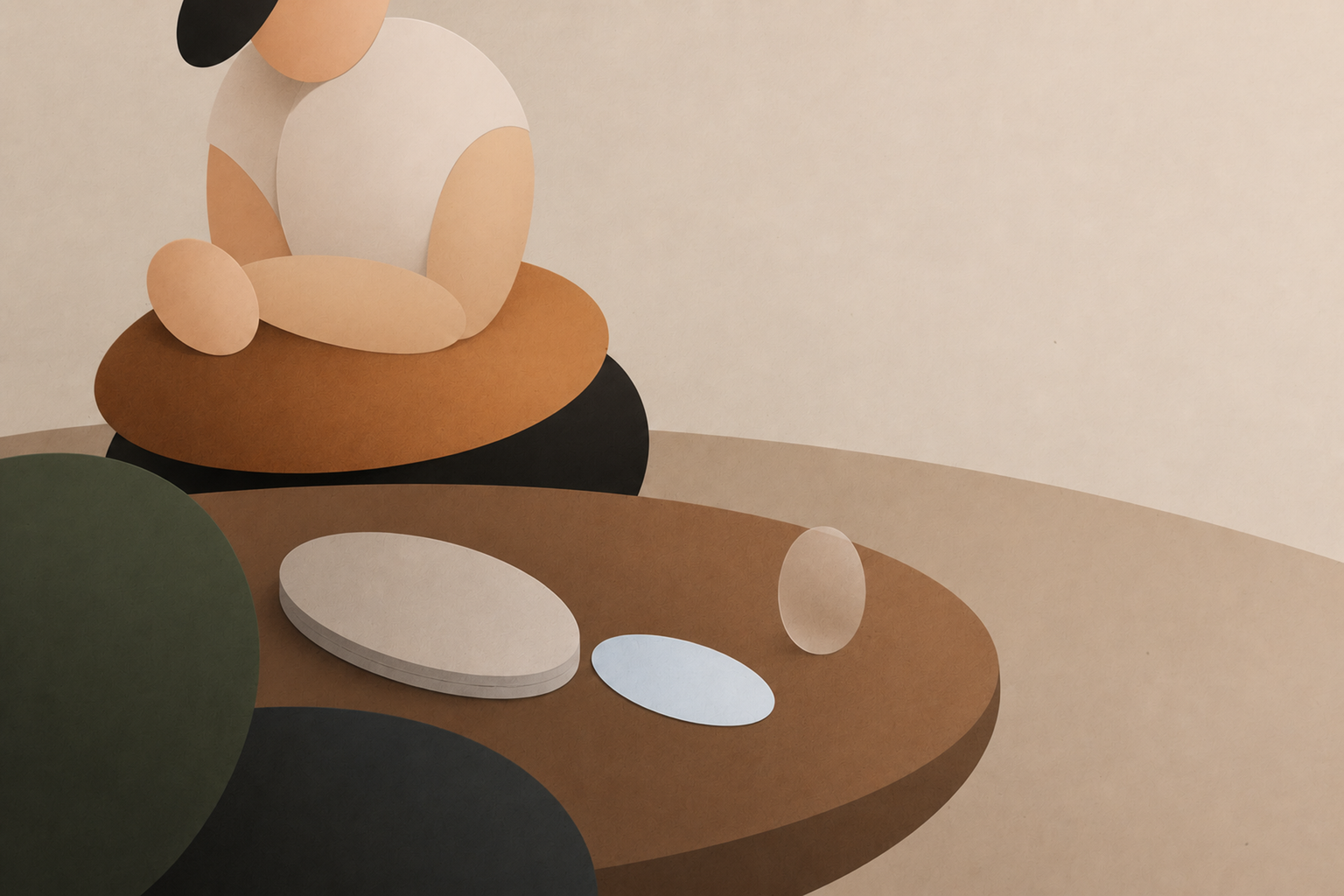 Abstract Leaflo illustration of a therapy conversation with a private journal and one selected page on an oval table