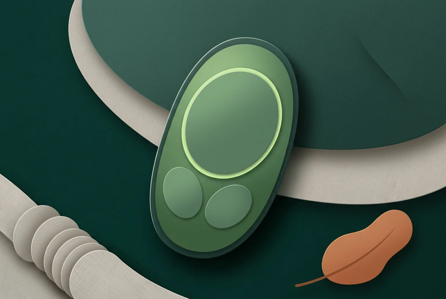 Phone on a linen surface showing a calm near-empty interface of one large and two small rounded panels, a dry leaf beside it