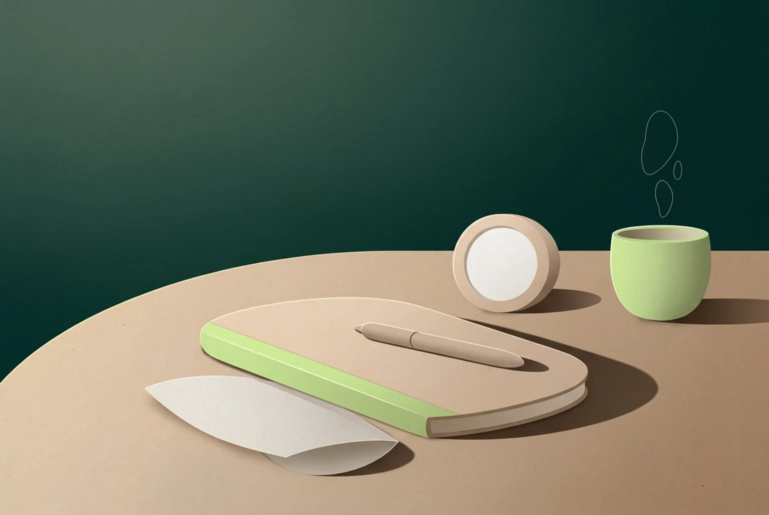 Still life on a table: a closed notebook, a pen, a small blank timer and a cup against a deep green wall