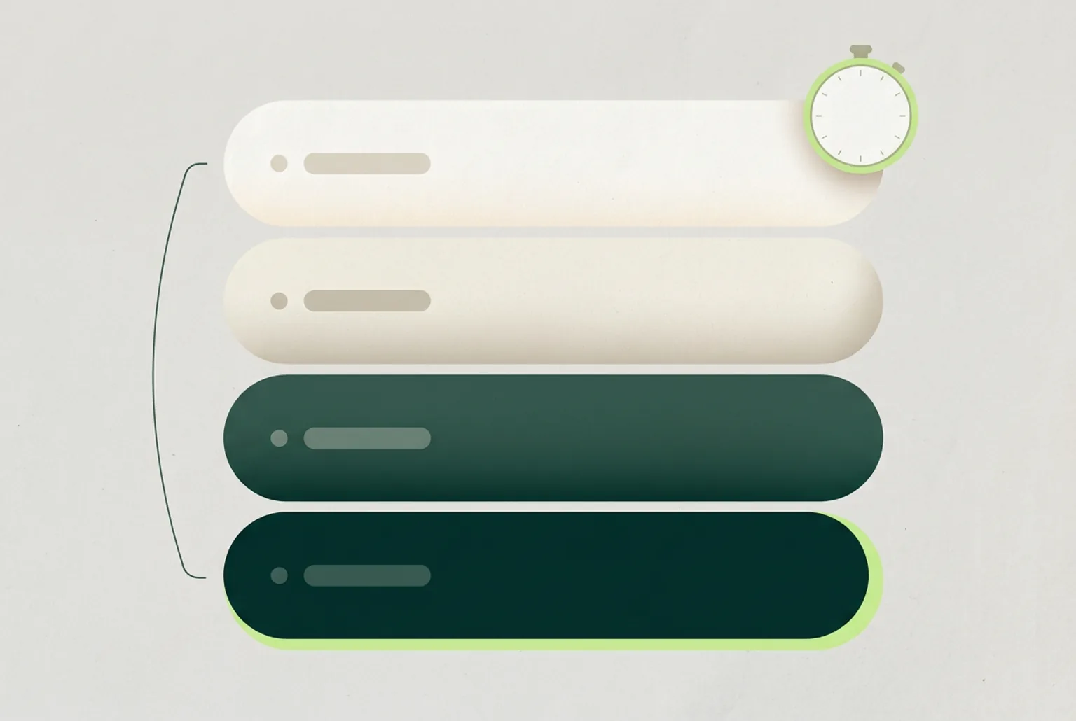 Diagram of an entry as four stacked bands deepening from pale sand to deep green, with a blank timer dial at the top