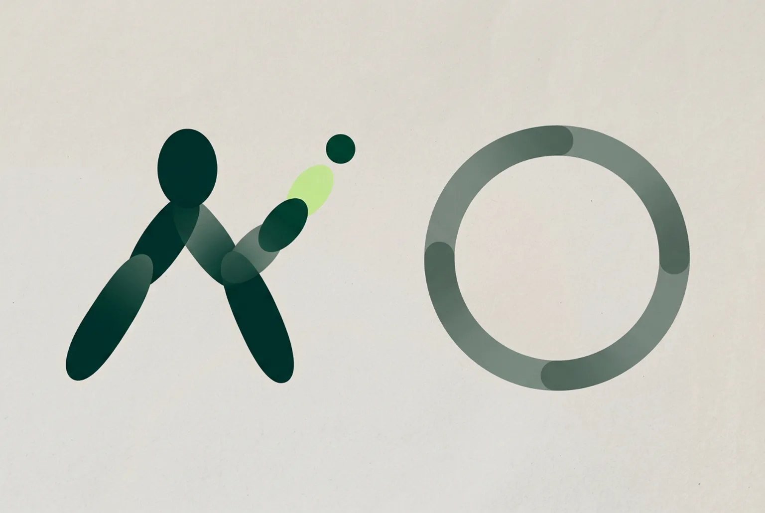 Two abstract shapes side by side: an open path ending in a pale green dot, and a closed grey-green loop with no end point
