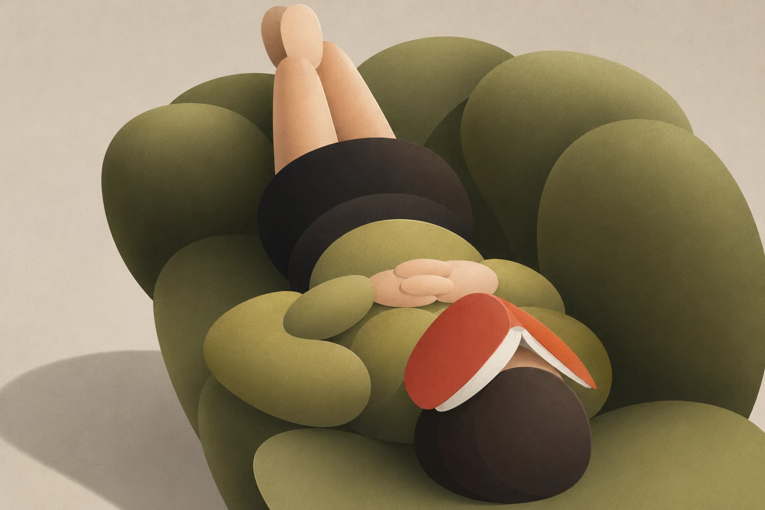 Illustration of a person lying in a soft green chair holding an open red journal