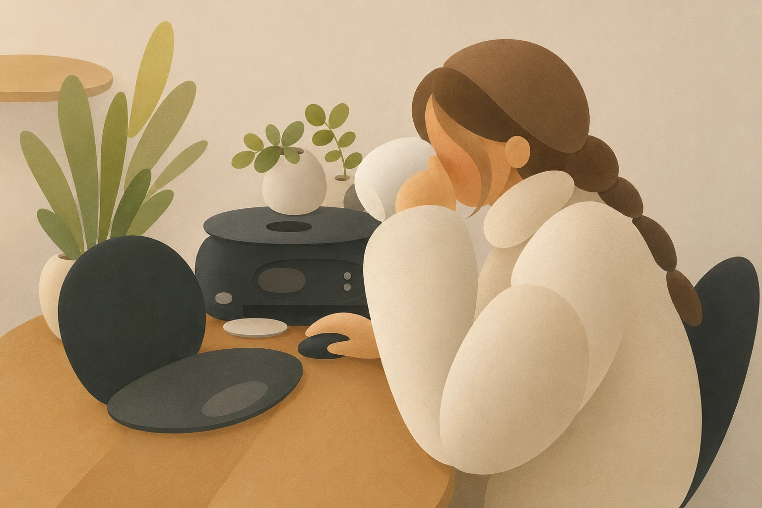 Soft Leaflo illustration of a woman resting at a desk beside a record player and plants