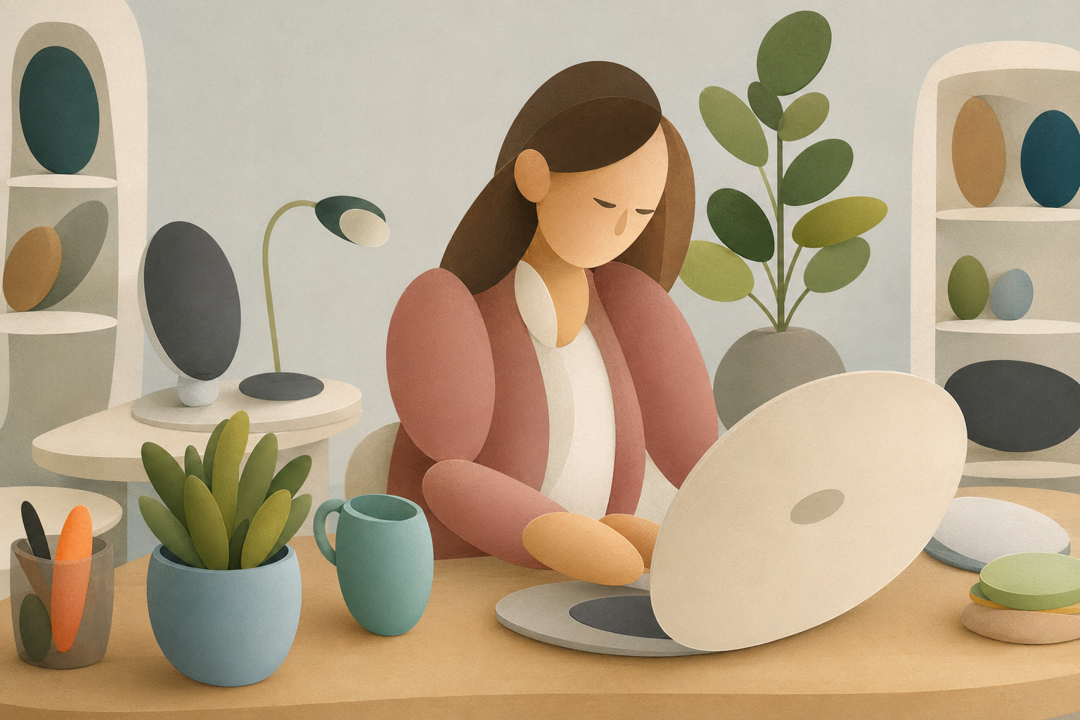 Calm Leaflo illustration of a woman reflecting at a desk beside a laptop and plants