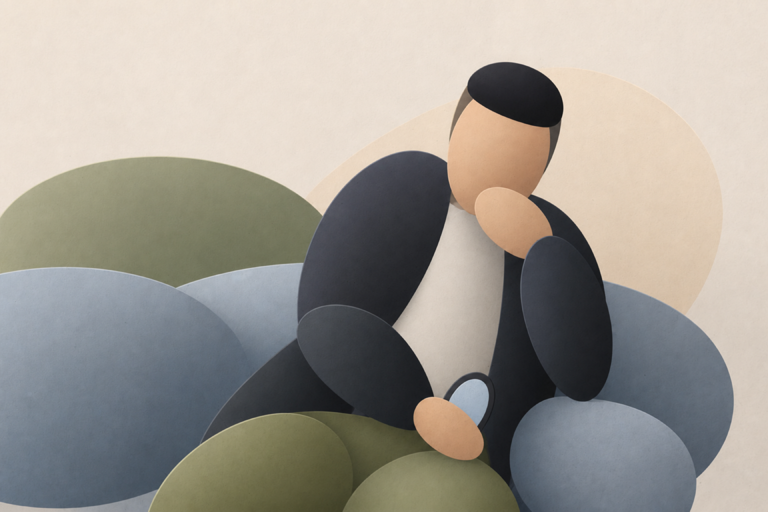 Abstract Leaflo illustration of a seated person holding a small mirror among soft blue and green shapes