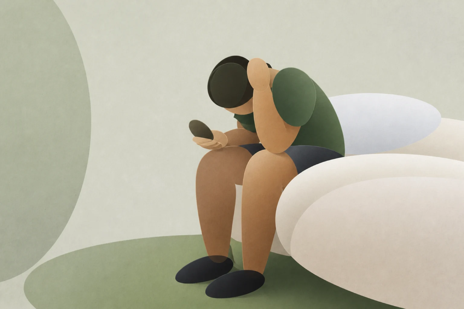 Abstract Leaflo illustration of a seated person holding a small mirror and resting a hand on their head