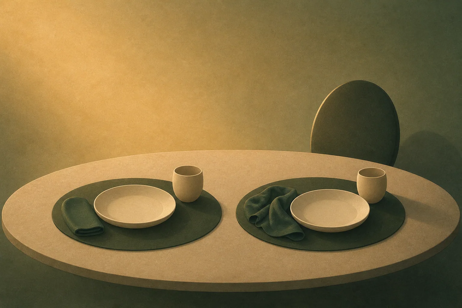 Two identical place settings on a small round table, one chair pulled back and empty