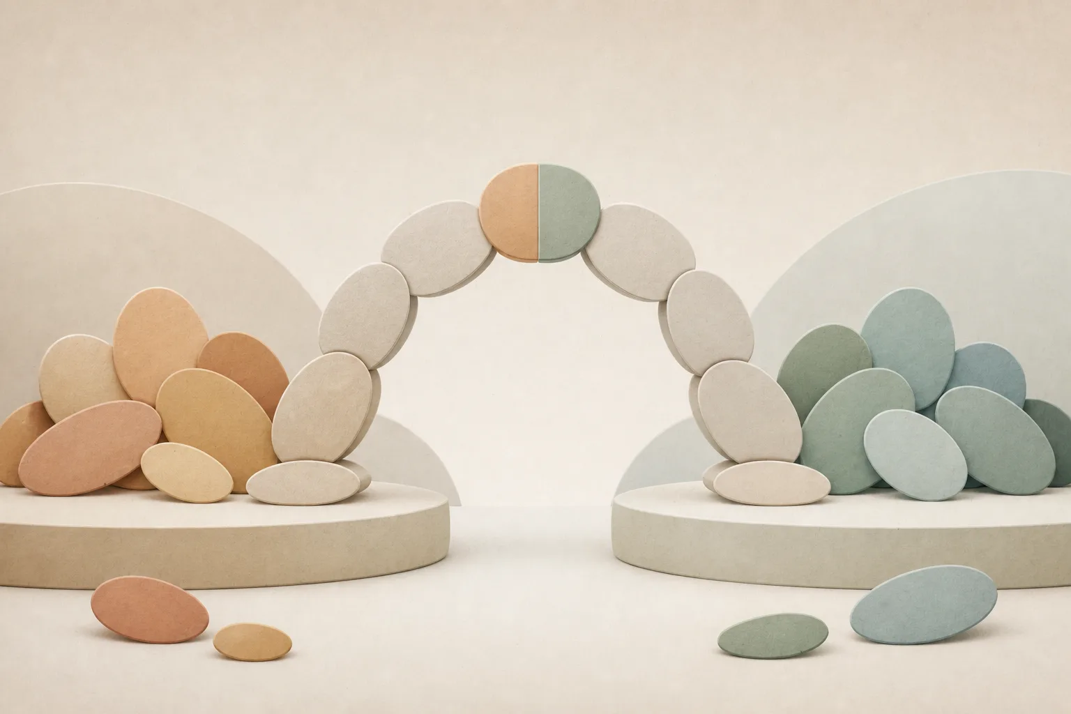 A stone arch built from two piles of oval stones, meeting at a two-toned keystone