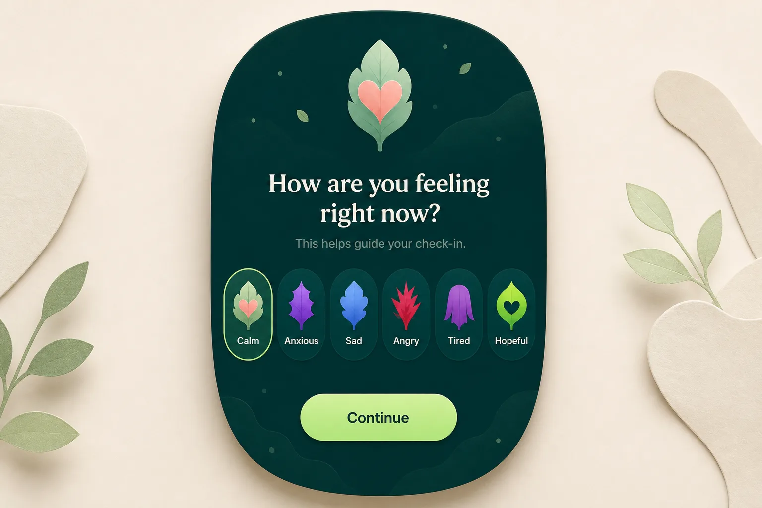 Leaflo guided check-in start screen with emotion chips and a single button to continue