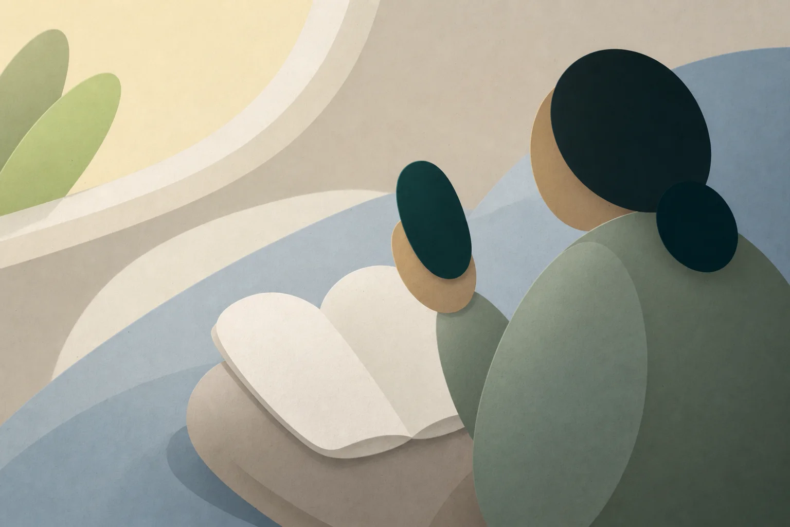 Leaflo illustration of a person sitting beside a phone and an open blank journal