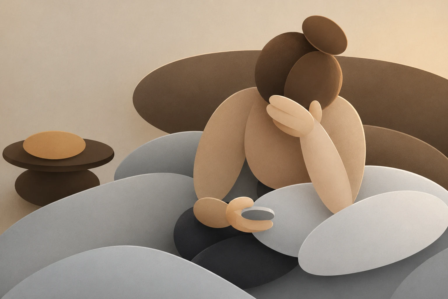 Calm Leaflo illustration of a person stuck in a heavy state with soft garden shapes nearby