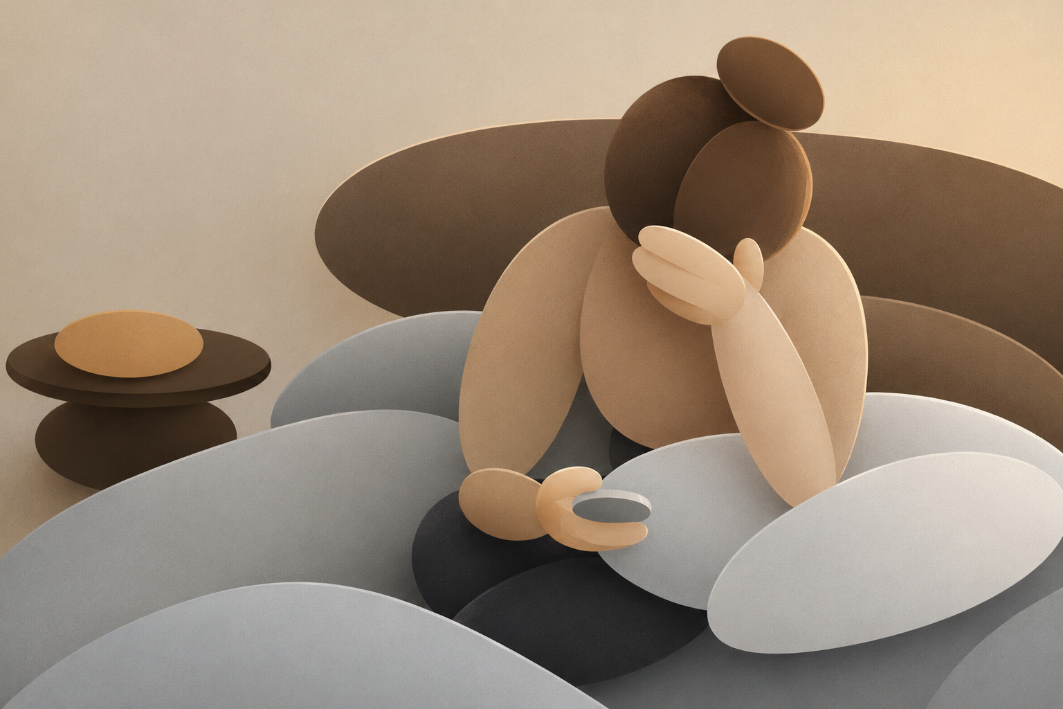 Calm Leaflo illustration of a person stuck in a heavy state with soft garden shapes nearby