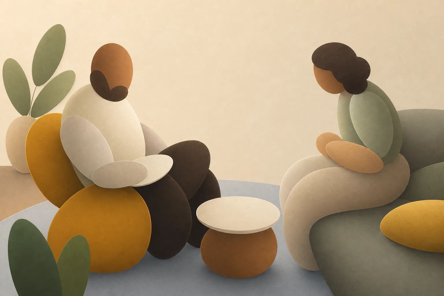 Abstract Leaflo illustration of a therapist and client seated across an oval table with a small journal