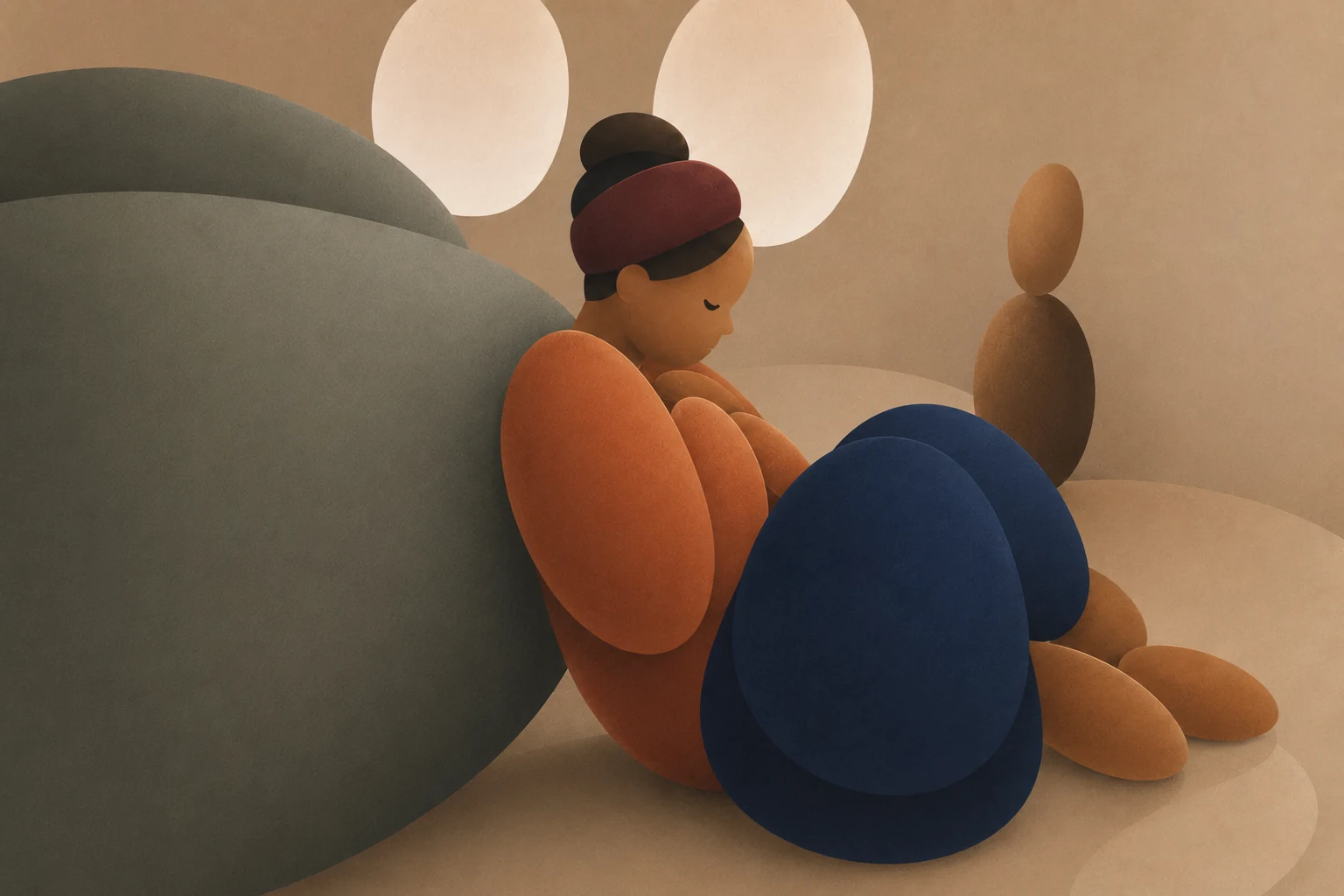 Calm Leaflo illustration of anxiety as a soft storm around a small reflective space