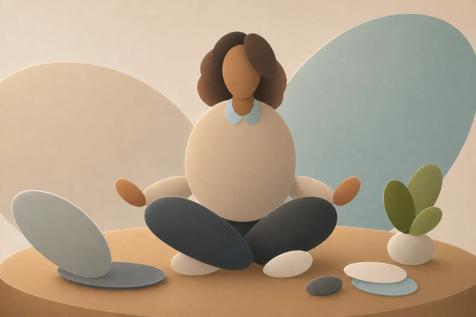 Soft Leaflo illustration of an employee meditating beside a laptop and a small plant