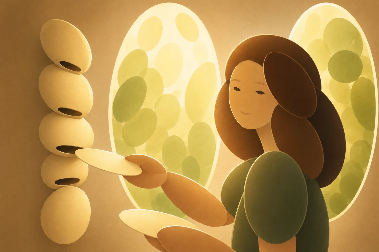 Warm oval Leaflo illustration of a woman holding a letter beside glowing windows