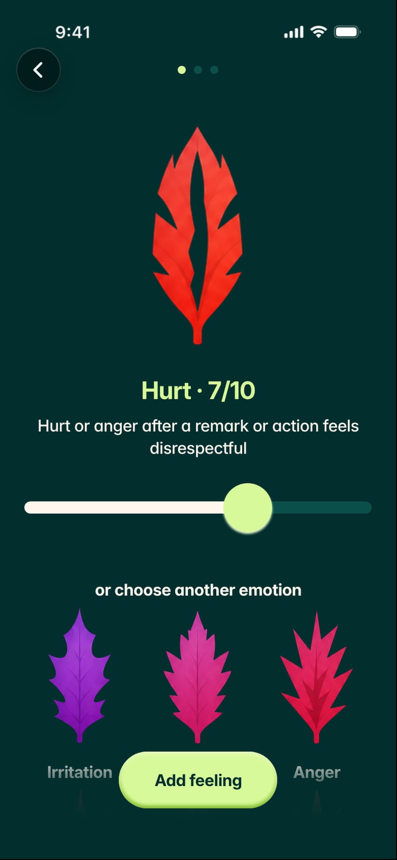 Leaflo on iPhone: Hurt selected, 7 out of 10, with other emotions from the anger group below