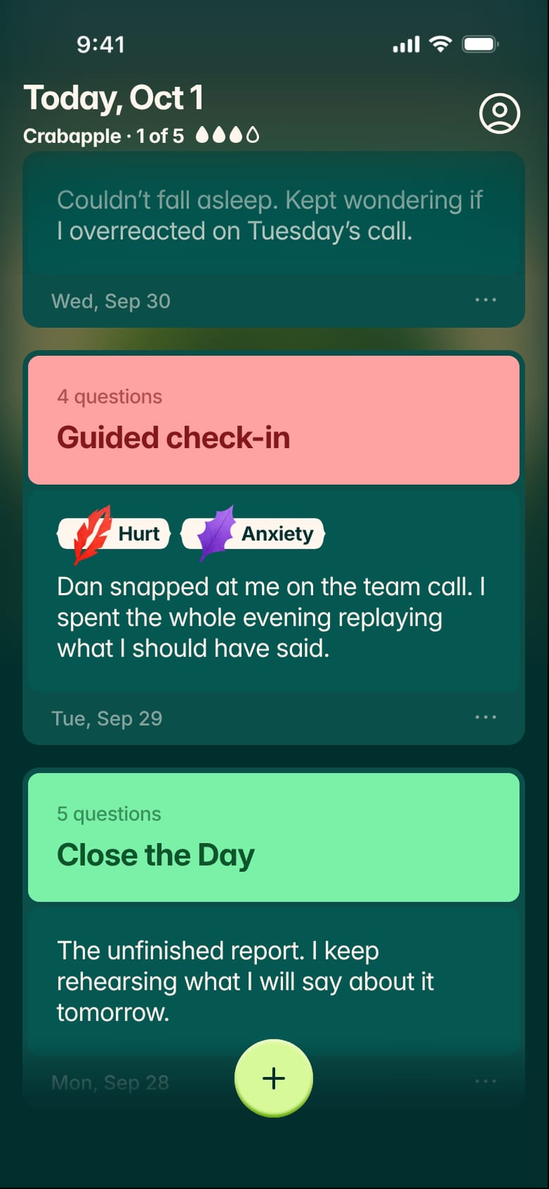 Leaflo on iPhone: a week of entries with dates and emotions, including a guided check-in about a tense team call marked Hurt and Anxiety